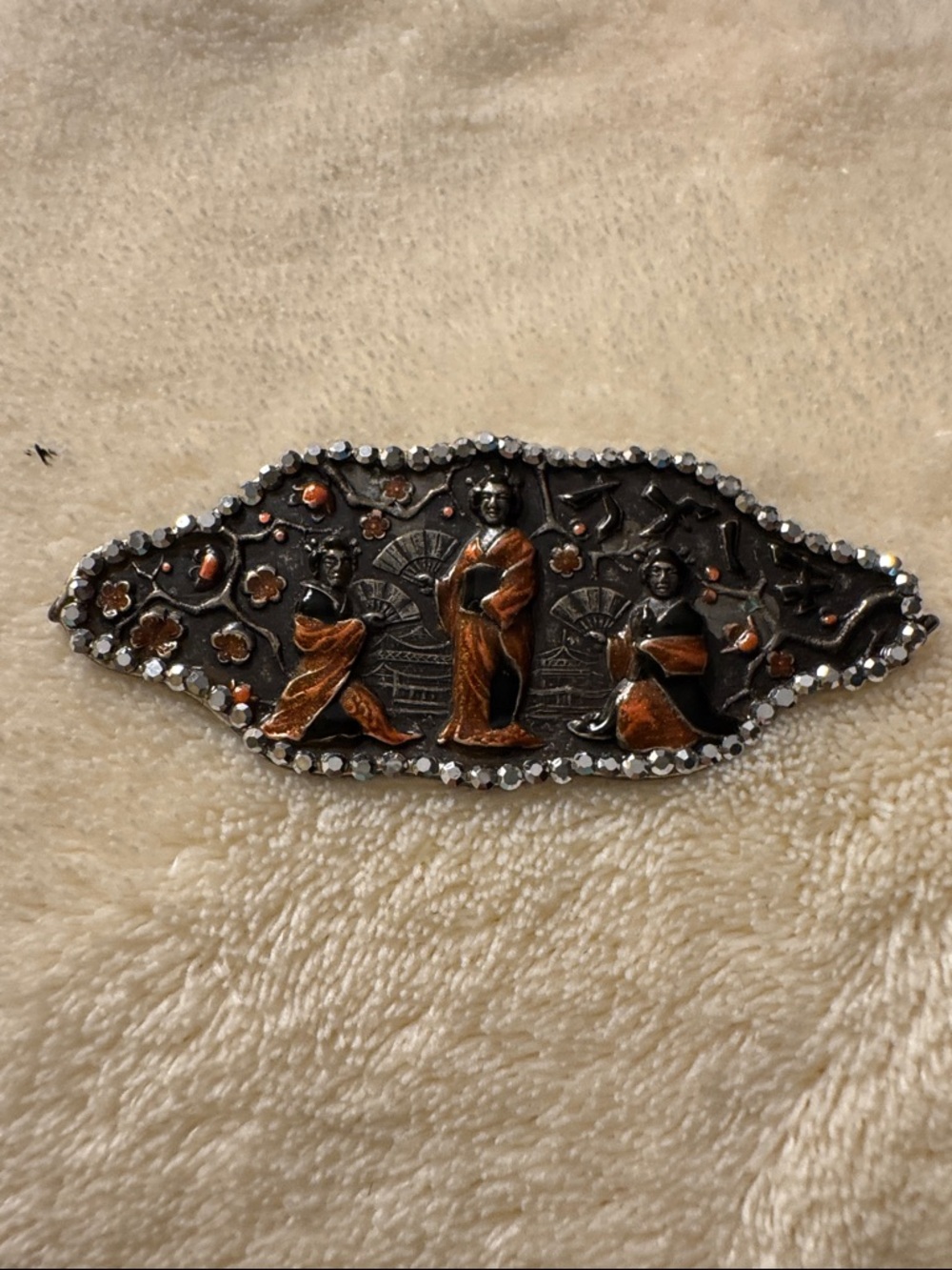Black and Copper Geisha Motif Brooch with Rhinestone Trim